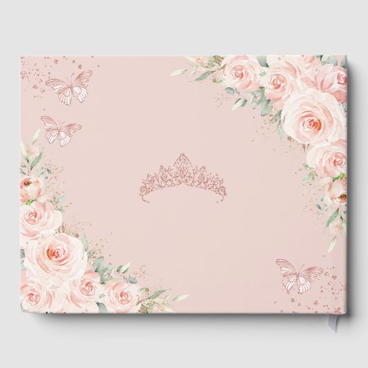 Quinceanera Blush Pink Floral Roos Gold Butterfly Gastenboek (Achterkant)