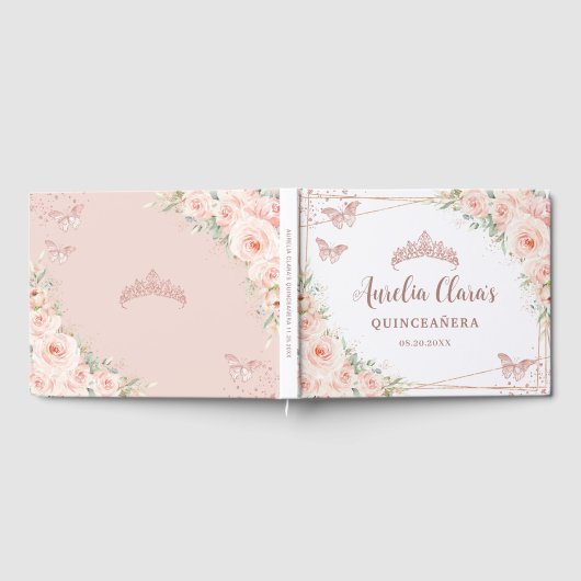Quinceanera Blush Pink Floral Roos Gold Butterfly Gastenboek (Volledig)