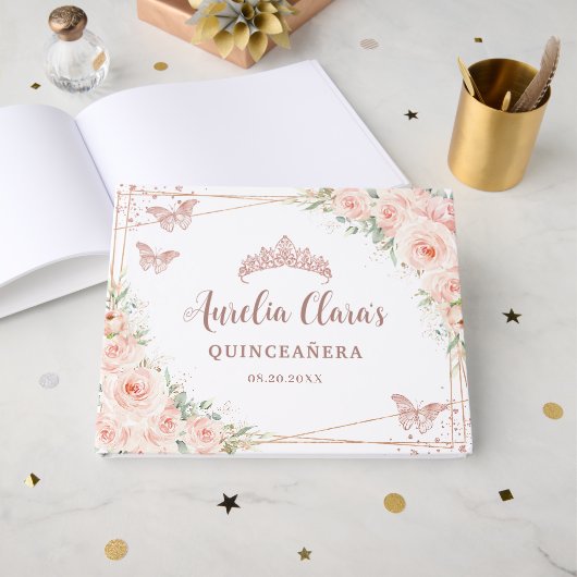 Quinceanera Blush Pink Floral Roos Gold Butterfly Gastenboek (Voorkant open)