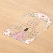 Quinceañera Blush Pink Floral Roos Gold Princess Acryl Uitnodigingen (Laagn)
