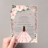 Quinceañera Blush Pink Floral Roos Gold Princess Acryl Uitnodigingen (Insitu (Draagbaar))