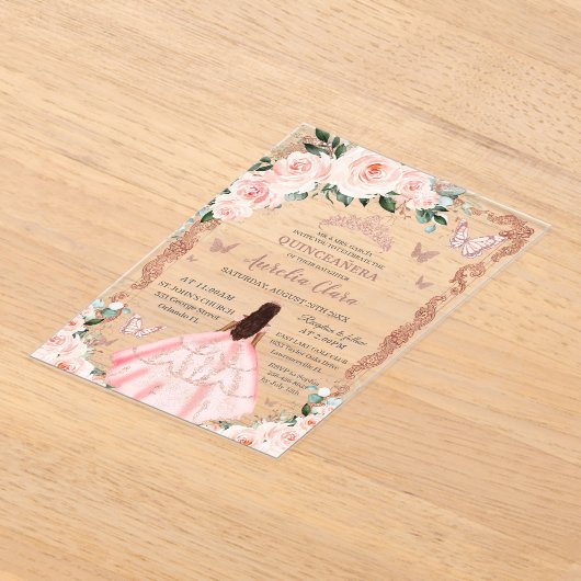 Quinceañera Blush Pink Floral Roos Gold Princess Acryl Uitnodigingen (Laagn)