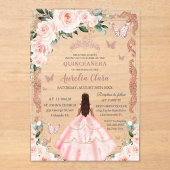 Quinceañera Blush Pink Floral Roos Gold Princess Acryl Uitnodigingen (Voorkant)