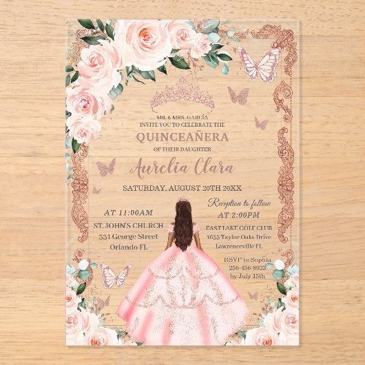 Quinceañera Blush Pink Floral Roos Gold Princess Acryl Uitnodigingen (Voorkant)