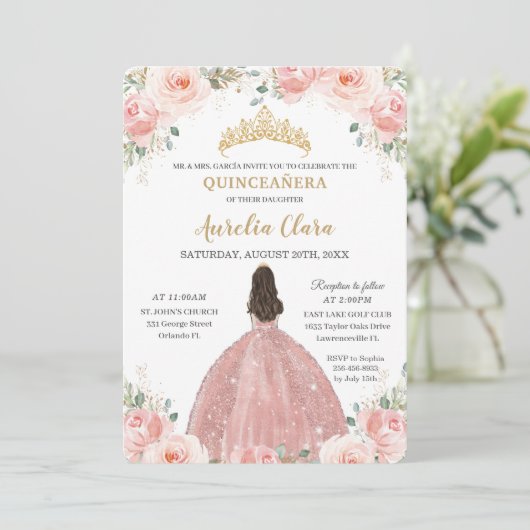 Quinceañera Blush Pink Floral Roos Gold Princess Kaart (Staand voorkant)