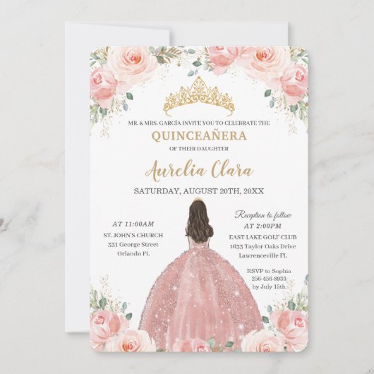 Quinceañera Blush Pink Floral Roos Gold Princess Kaart (Voorkant)