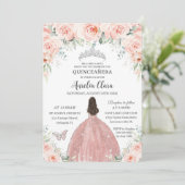 Quinceañera Blush Pink Floral Roos Princess Silver Kaart (Staand voorkant)
