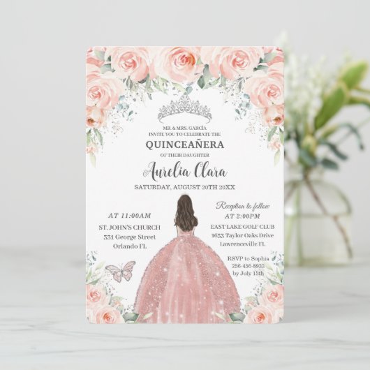Quinceañera Blush Pink Floral Roos Princess Silver Kaart (Staand voorkant)