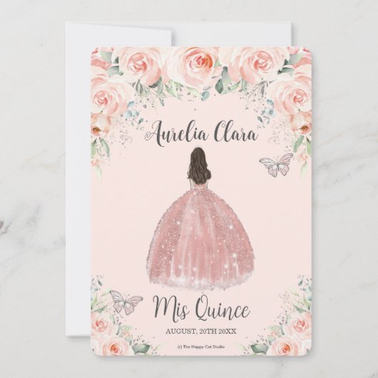 Quinceañera Blush Pink Floral Roos Princess Silver Kaart (Achterkant)