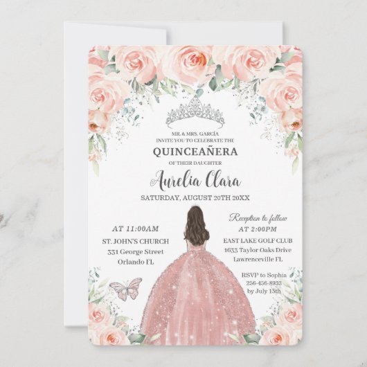 Quinceañera Blush Pink Floral Roos Princess Silver Kaart (Voorkant)