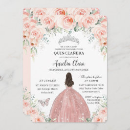 Quinceañera Blush Pink Floral Roos Princess Silver Kaart