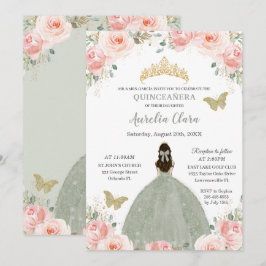 Quinceañera Blush Pink Floral Sage Green Princess Kaart