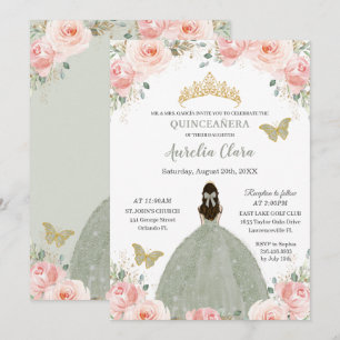 Quinceañera Blush Pink Floral Sage Green Princess Kaart