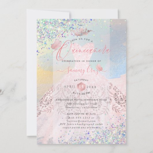 Quinceanera Blush Pink Gown Holographic Glitter Kaart (Achterkant)