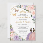 Quinceañera Blush Pink Lila Paars Floral Twins Kaart (Voorkant)