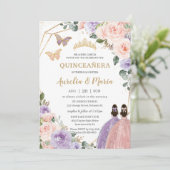 Quinceañera Blush Pink Lila Paars Floral Twins Kaart (Staand voorkant)
