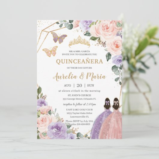 Quinceañera Blush Pink Lila Paars Floral Twins Kaart (Staand voorkant)