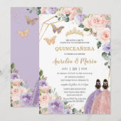 Quinceañera Blush Pink Lila Paars Floral Twins Kaart (Voorkant / Achterkant)