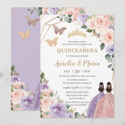 Quinceañera Blush Pink Lila Paars Floral Twins Kaart (Voorkant / Achterkant)