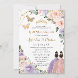 Quinceañera Blush Pink Lila Paars Floral Twins Kaart