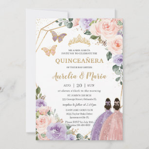 Quinceañera Blush Pink Lila Paars Floral Twins Kaart