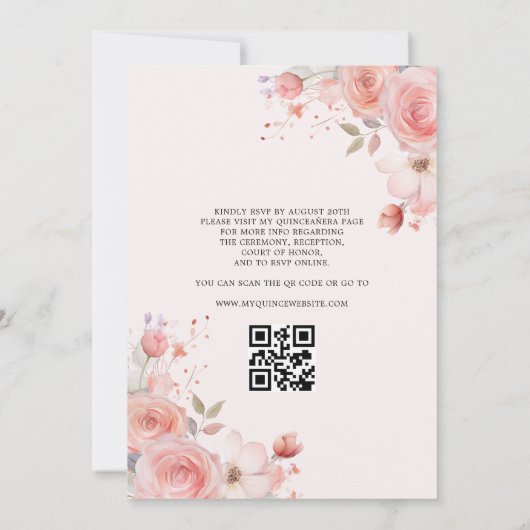 Quinceañera Blush Pink QR Code Bloemen Kaart (Achterkant)