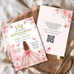Quinceañera Blush Pink QR Code Bloemen Kaart