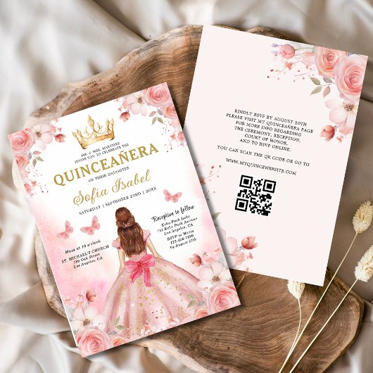 Quinceañera Blush Pink QR Code Bloemen Kaart
