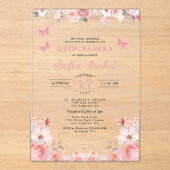 Quinceañera Blush Pink Rose Bloemenvlinder Acryl Uitnodigingen (Voorkant)