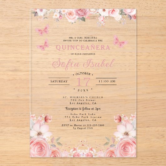 Quinceañera Blush Pink Rose Bloemenvlinder Acryl Uitnodigingen (Voorkant)