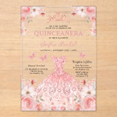Quinceañera Blush Pink Rose Bloemenvlinder Acryl Uitnodigingen (Voorkant)