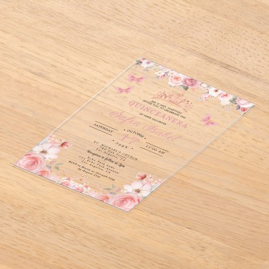 Quinceañera Blush Pink Rose Bloemenvlinder Acryl Uitnodigingen (Laagn)