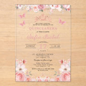 Quinceañera Blush Pink Rose Bloemenvlinder Acryl Uitnodigingen (Voorkant)