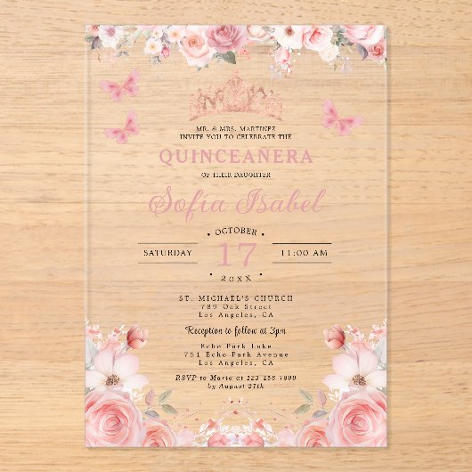 Quinceañera Blush Pink Rose Bloemenvlinder Acryl Uitnodigingen (Voorkant)