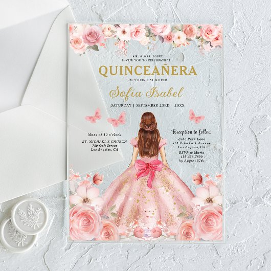 Quinceañera Blush Pink Rose Bloemenvlinder Acryl Uitnodigingen