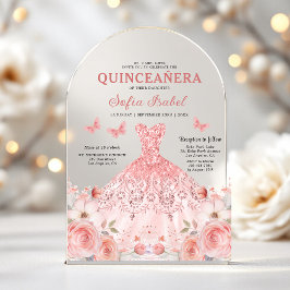 Quinceañera Blush Pink Rose Bloemenvlinder Acryl Uitnodigingen