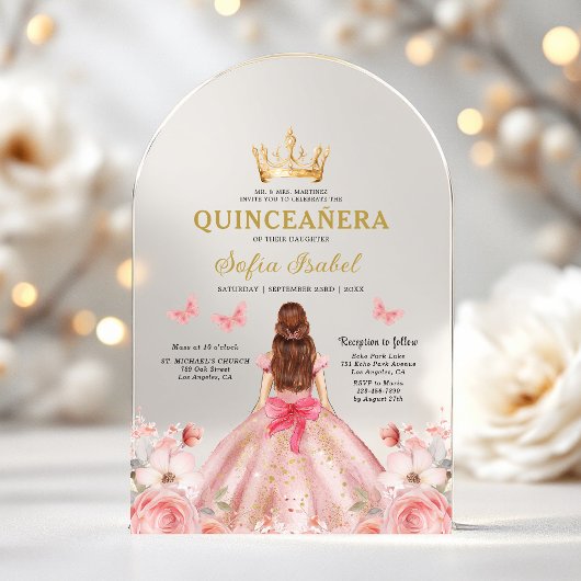 Quinceañera Blush Pink Rose Bloemenvlinder Acryl Uitnodigingen