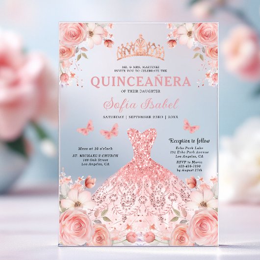Quinceañera Blush Pink Rose Bloemenvlinder Acryl Uitnodigingen
