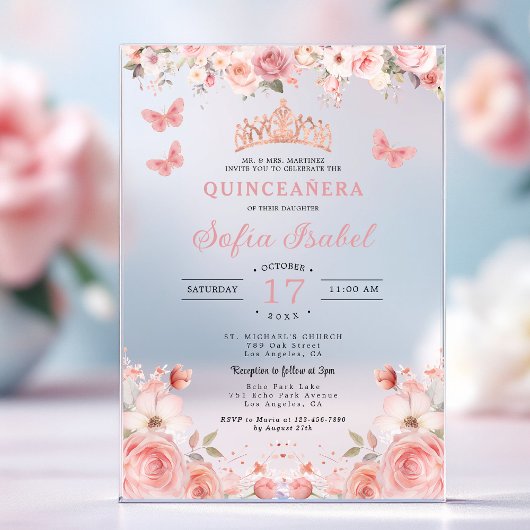 Quinceañera Blush Pink Rose Bloemenvlinder Acryl Uitnodigingen