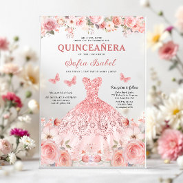 Quinceañera Blush Pink Rose Bloemenvlinder Acryl Uitnodigingen