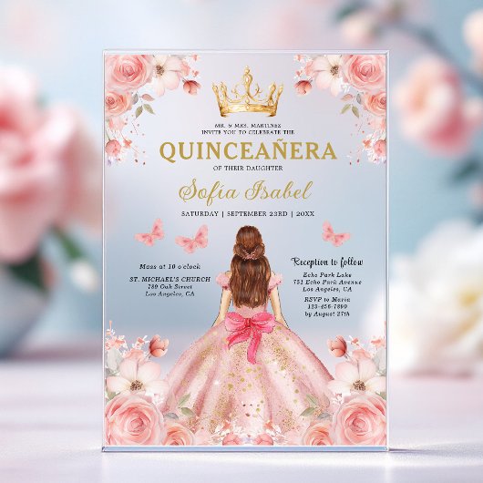 Quinceañera Blush Pink Rose Bloemenvlinder Acryl Uitnodigingen