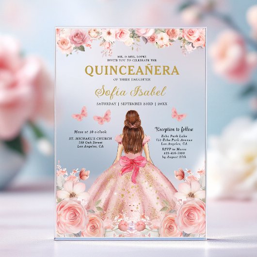 Quinceañera Blush Pink Rose Bloemenvlinder Acryl Uitnodigingen