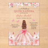 Quinceañera Blush Pink Rose Bloemenvlinder Acryl Uitnodigingen (Voorkant)
