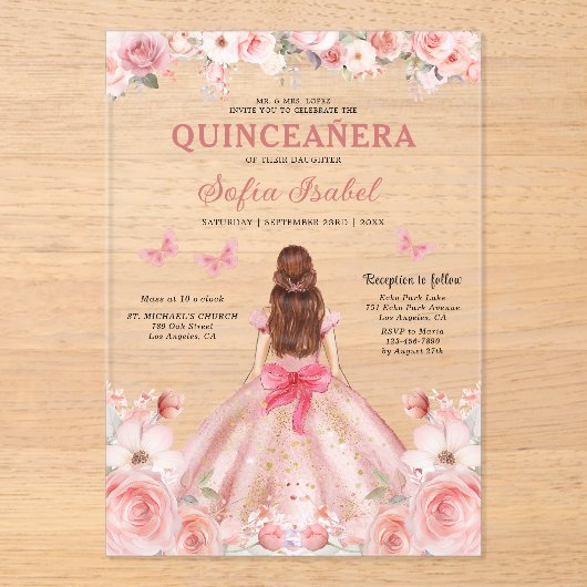 Quinceañera Blush Pink Rose Bloemenvlinder Acryl Uitnodigingen (Voorkant)