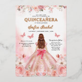Quinceañera Blush Pink Rose Bloemenvlinder Folie Uitnodiging (Voorkant)