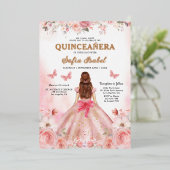 Quinceañera Blush Pink Rose Bloemenvlinder Folie Uitnodiging (Staand Voorkant)