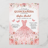 Quinceañera Blush Pink Rose Bloemenvlinder Folie Uitnodiging (Voorkant)