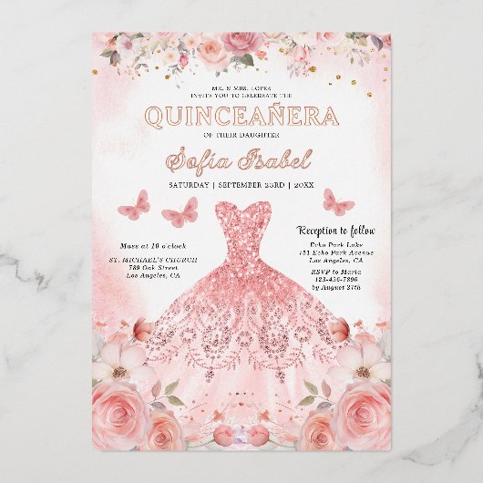 Quinceañera Blush Pink Rose Bloemenvlinder Folie Uitnodiging (Voorkant)