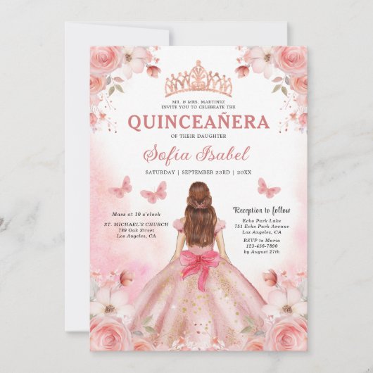 Quinceañera Blush Pink Rose Bloemenvlinder Kaart (Voorkant)