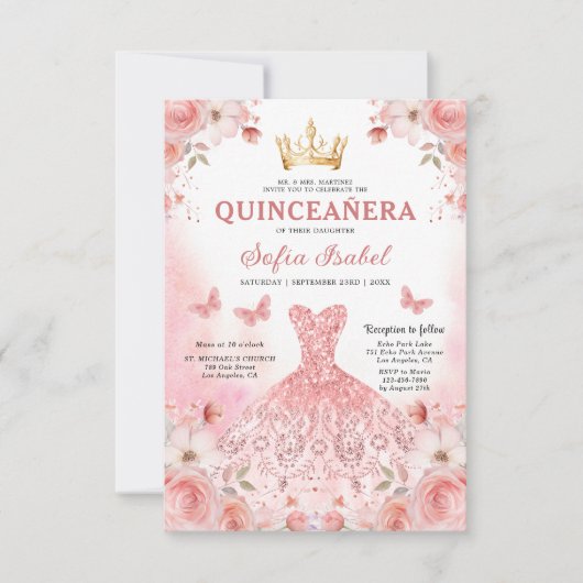 Quinceañera Blush Pink Rose Bloemenvlinder Kaart (Voorkant)